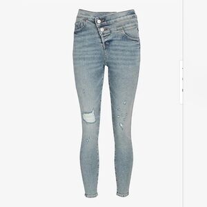 Express High Waisted Light Wash Crossover Waistband Ripped Cropped Skinny Jeans.